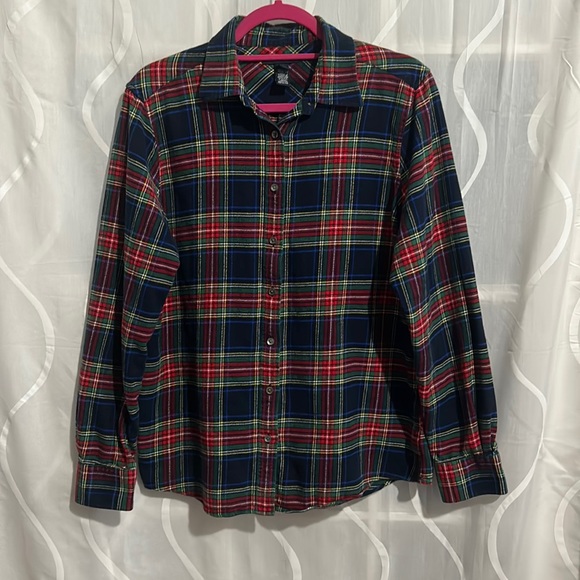 Lands' End Tops - Lands End Navy, Green & Red Plaid, 100% Cotton, Button Down Shirt, Size Medium